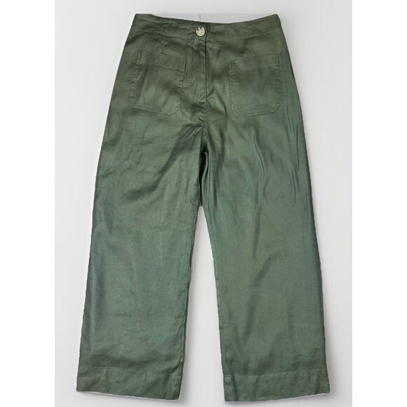 Ellie Tahari Cropped Wide-Leg Pants Women's 6 Dark‎ Green cotton linen boho - Picture 1 of 9